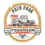 Placeholder: Side Door of a white truck with a logo for a wheat farm that features a tractor and wheat with text: "Pozniak Farms"