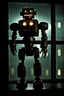 Placeholder: A dynamic and detailed shot of a Robbie the Robot from forbidden planet peeking through a window on a rainy night, dark shadows and gauzy curtain blown by wind, shot with a film camera and wide angle lens, shot from a low position to add fear