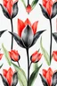 Placeholder: Art deco pattern, watercolors big 6 tulip design in black and coral red on white background