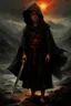 Placeholder: A formidable warrior-a 10-year-old boy in a black robe with a hood, on the background Amazing gloomy landscape, flooded with sunset, mountains, trees, fabulous scary hero, , juicy emotions, painting, dark fantasy, bad weather, gloomy day, dark world, by Raymond Swanland & Alyssa Monks & Anna Razumovskaya