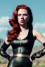 Placeholder: retro portrait image from 1960, sky background, wind, long red hair, fighting stance, sweet young Scarlett Johansson, black dress, classic tight lycra black suit, weapon, gold bracelet and belt, high heel boots, soft color, highly detailed, unreal engine 5, ray tracing, RTX, lumen lighting, ultra detail, volumetric lighting, 3d, finely drawn, high definition, high resolution.