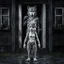 Placeholder: front of the camera in rain stands a very sad thin , short anthropomorphic wolf-girl full body covered with wolf fur, she wears a short rag around her waist , an tall anthropomorphic wolf-man stands behind at the door in a wooden house, dark deep colors, sharp focus, rainy day, high contrast, high detail, atmospheric, dark fantasy, sci-fi Masterpiece