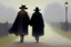 Placeholder: two people in capes and hats seen from behind walking side by side in an empty foggy plain by artist "Leonora Carrington"