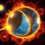 Placeholder: Retro futuristic planet with a golden rings fly over the burning in fire ground earth