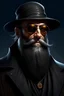 Placeholder: saint gunman with round sunglasses and a black coat and a black graying beard in the wild west, grimdark realistic