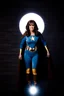 Placeholder: dark brown wood panel background with an overhead spotlight effect, Marie Osmond wearing a superhero costume, full color -- Absolute Reality v6, Absolute reality, Realism Engine XL - v1