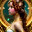 Placeholder: Hyperdetailed oil on canvas, young robyn lively by an ornate fountain, goldfish pond, lotus, detailed face, long muti-hued red curly hair; by gaspar camps, maxfield parrish, alphonse mucha, cyril rolando, dan mumford; luminous colorful sparkles, glitter, airbrush, octane render, volumetric lighting, 16k