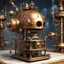 Placeholder: Behold the magnificent contraption of Professor Blockhead's latest invention, a delightfully absurd steam-powered cranium that whirs and clicks with the desperate enthusiasm of a broken carousel! The poor fellow clutches his mechanical head in theatrical dismay, his excited grin frozen in perpetual amazement as copper pipes and brass gears sputter and hiss,