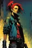 Placeholder: create a hardened punk biker girl in the comic book art style of Mike Mignola, Bill Sienkiewicz and Jean Giraud Moebius, , highly detailed,, grainy, gritty textures, , dramatic natural lighting