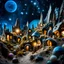 Placeholder: Close-up photograph of a village, naïve, people, houses, rock formations, stars and planets, animals, fungi, crystals, mineral concretions, extreme detail, intricate, volumetric light, colours, Tim Burton, Max Ernst, Yves Tanguy, sparkles, bokeh