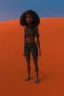 Placeholder: 3D render of a cyberpunk tribal young black woman, black hair, ragged shirt, on a orange dune background, digital art