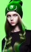 Placeholder: girl, cute, beautiful, long hair, wavy hair, green hair, blue eyes, green beanie, green coat, black tee shirt, green shirts, green tennis shoes