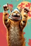 Placeholder: cat with shark mask hat solana hands in the air dancin japanese style in the style of warhol