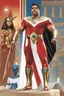 Placeholder: Super hero . An Egyptian wears an Egyptian Superman in an advanced suit. In red colour. And white. And black. . And his pharaoh's armor is advanced