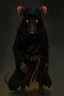 Placeholder: the yoga rat man, big black iris eyes with yellow glints, ou’re looking at someone who doesn’t just walk into shadows—they belong to them. The black robes cling like a second skin, the belt tied tight with gold thread that catches the light only when he moves. His face is wrapped, but not hidden—his eyes glow like embers, red and steady, as if he’s already seen what waits inside the cave. The tail curls behind him, not in fear, but in readiness. He doesn’t need a torch, because the darkness