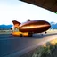 Placeholder: award winning photograph of a steampunk house-fly ufo dirigible designed by only one vehicle per image painted metallic orange traveling at a high rate of speed, jet intake off of front center of vehicle and jet exhaust out the rear bilaterally symetrical,