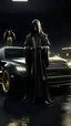 Placeholder: Photorealistic 3D model of grim reaper in a black robe with a glowing halo gold jesus chain standing in-front off a Rolls Royce cullinan