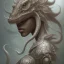 Placeholder: sango fantasy, fantasy magic, intricate, sharp focus, illustration, highly detailed, digital painting, concept art, matte, artgerm and paul lewin and kehinde wiley, masterpiece sexy lips Asian afro lips black African lady body mermaid Dragon head silver bright rain lady outer space pretty skull head