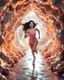 Placeholder: make a picture pretty cave made of crystal and metallic 3d fractal recursive cubic and sphere base structures and a beautiful fashion model lady with cute,curvy long hair,makeup, in pretty sports suit is running inside cave ,dynamic camera fallow her inside cave capturing full body, dynamic lights.