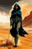 Placeholder: create a fine art print full body illustration of a rugged gritty, roughly textured, hooded, black clad and dusty Fremen female mercenary with highly detailed feminine facial features, amidst the billowing desert storms of Arrakis, in the comic book art style of Bill Sienkiewicz, and Jean Giraud Moebius, finely textured, drawn, colored, and inked,