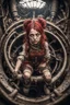 Placeholder: Closeup cute girl with little monster, fullbody, dieselpunk, valves rising from the ground, the perspective looking up from the bottom of an empty well , 8k, macro photography by <John Kenn Mortensen>, darkred tones,