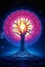 Placeholder: acient tree growing out of a bright glowing mandala, uv reactive colors, maximalist 3d matte masterpiece, round composition, galaxy in background