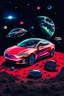 Placeholder: TESLA CAR FLYING THROUGH OUTER SPACE SURROUNDED BY WEIRD EVERYDAY ITEMS IN THE BACKGROUND
