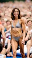 Placeholder: anorexic beautiful woman, age 28, total shot, silvergrey triathlon swimsuit, medium long wavy bob haircut, brunette hair, blurred party crowd in background