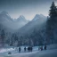 Placeholder: Five people hunting in a snowy forest, sense of fear, mountain hut in the background, Alps, night, 8k, HD, cinematography, photorealistic, Cinematic, Color Grading, Ultra-Wide Angle, Depth of Field, hyper-detailed, beautifully color-coded, insane details, intricate details, beautifully color graded, Cinematic, Color Grading, Editorial Photography, Depth of Field, DOF, Tilt Blur, White Balance, 32k, Super-Resolution, Megapixel, ProPhoto RGB, VR, Halfrear Lighting, Backlight, Natural Lighting