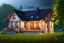 Placeholder: Beautiful traditional German house, made of stone and with a beautiful terrace that offers beautiful views, photo realistic. Beautiful and charming house. Realistic. Perfect Photo. Rainy day