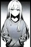 Placeholder: girl in love with long hair thinks in a loose sweatshirt, line arts, greyscale,