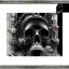 Placeholder: cyberpunk style ink ball skull picture in detailed frame, big black eyes, unreal engine 5, 8k resolution, photorealistic, ultra detailed, frame extreme accurate