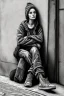 Placeholder: One single mature homeless girlcat with worn out clothes, sitting in a corner on the street, guitar standing on the left side, Vienna, mourning, model style, hyper realistic, extremely accurate, delicate, extremely detailed, Graphic novel style, wide-angle, open aperture, superfine pencil