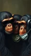 Placeholder: Bosch painting style nightmare, three chimpanzees , one wearing sunglasses, another has headphones and another put a mouth mask.