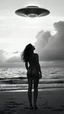 Placeholder: A beautiful naked girl standing on the beach looking to sunset clouds looking up toward ufo starship the sky black and white background