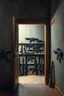 Placeholder: Bosch painting style nightmare, a wall with An open big door behind the door are shelf’s with many kinds of automatic guns