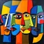 Placeholder: A vibrant abstract cubist-style painting featuring multiple fragmented faces and figures composed of geometric shapes and bold colors. Mosaic-like arrangement of stylized faces with prominent eyes, noses, and lips, deconstructed and reassembled in overlapping planes. The composition shows multiple perspectives simultaneously, with blues, oranges, yellows, reds, and greens standing out against a dark background. Dynamic, textured, and full of energy, evoking the characteristic cubist aesthetic. -