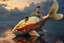 Placeholder: dreamlike, Esao Andrews-esque scene where a barefoot boy in tattered overalls rides atop a colossal, iridescent koi fish through a surreal twilight lagoon, his arms wrapped around the fish's sleek, glistening body as if it were a trusty steed. The fish's scales shimmer with impossible huespearlescent blues melting into burnt orangeswhile its fins fan out like delicate silk banners torn from some celestial tapestry. Around them, the water refracts into liquid prisms, distorting reflections of gna