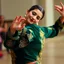 Placeholder: Medium close-up shot of the Azerbaijani dancer performing Bükmə and Sındırma. She rotates her wrists in delicate circular motions, opening her fingers one by one like a blooming lotus petal. She then rhythmically dips her right shoulder while gently tilting her head to the left with a subtle, coy smile. Emerald velvet jacket with gold embroidery, crisp focus on intricate hand gestures, elegant slow motion, 8k resolution.