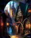 Placeholder: medieval fantasy cobblestone town with stained glass window buildings fairytale rpg art