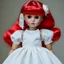 Placeholder: A girl's doll wearing a white dress with red blood bleeding from the back