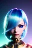 Placeholder: Cyborg anime warrior, light blue hair, short and messy hairstyle, pierced ears, golden eyes, waist up portrait, 8k resolution, intricate details, ornate details, soft lighting, vibrant colors, retroanime, masterpiece, intricate eyeliner, dark eyeshadow, eyes, intricate tattoos, futuristic cityscape background
