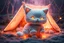 Placeholder: Against a dark cracked holographic marble background, a cute chibi plushy fluffy knitted and embroidered cat, tent, campfire, pond, mist and fog in sunshine, drawn in orange glowing neon lines. The cracks in the background are golden. Ethereal, cinematic postprocessing.