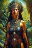 Placeholder: create a classical-abstract-realist sci-fi fantasy full body portrait painting of a nomadic tribal priestess with highly defined facial features, in a lush tropical landscape in the style of Donato Giancola, Hans Memling, Titian, and Caravaggio, 8k, highly detailed, otherworldly and fantastic