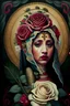 Placeholder: La Virgen de Guadalupe with a flower over her face. Behind her head is a snake. There are roses on her dress