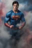 Placeholder: fChristopher Reeve/Henry Cavill Superman, new 52, extremely huge, overexaggerated muscles, posing and flexing in a front of the camera, random extreme action poses, an extremely colorful, multicolored foggy blue marble wall in the background with a colorful marble tile floor, multicolored lightning,