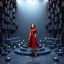 Placeholder: make a picture pretty stage made of metallic blue-gray teme 3d recursive cubic and sphere and cylinder base structures and a beautiful fashion model lady standing in scene with dark red top and pretty pleated midi skirt ,makeup curvy long hair,nice high heels,dynamic camera zoom to full body ,dynamic lights.