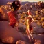 Placeholder: Isane pretty young woman Top Model in a stunning maximalist short flowy dark dress, vogue, 8k, ektar, joshua tree, fashion. golden hour cinematic, rebecca guay, frank frazetta.