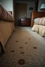 Placeholder: closeup of cheap motel room's dirty carpet, faint furniture dents in carpet, showing where furniture once was