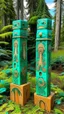 Placeholder: Mint colored woods with insect hives designed in pacific Northwest totem poles painted by Vincent van Gogh